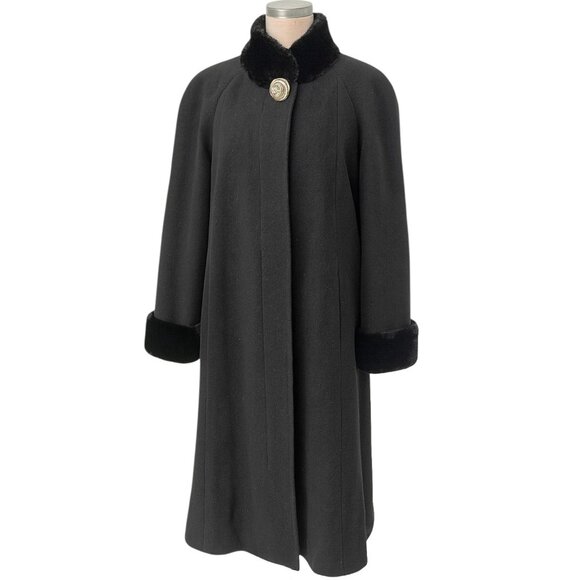 John Weitz Vintage Wool Long Trench Coat | Black | Fur Collar | Fur Cuffs | 12P - Picture 2 of 6